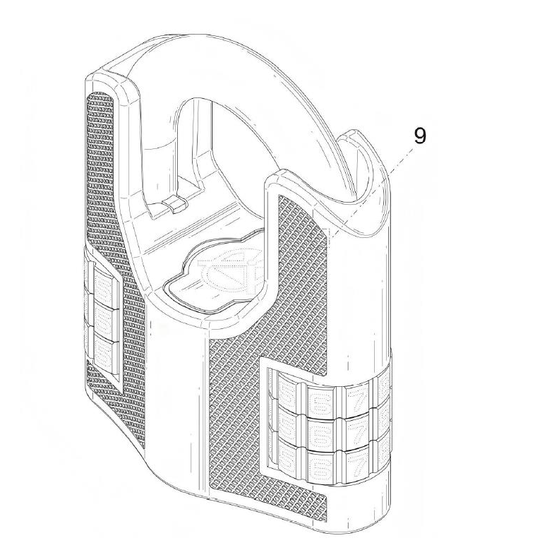 Technical line drawing of a combination padlock for industrial design registration DM/249338